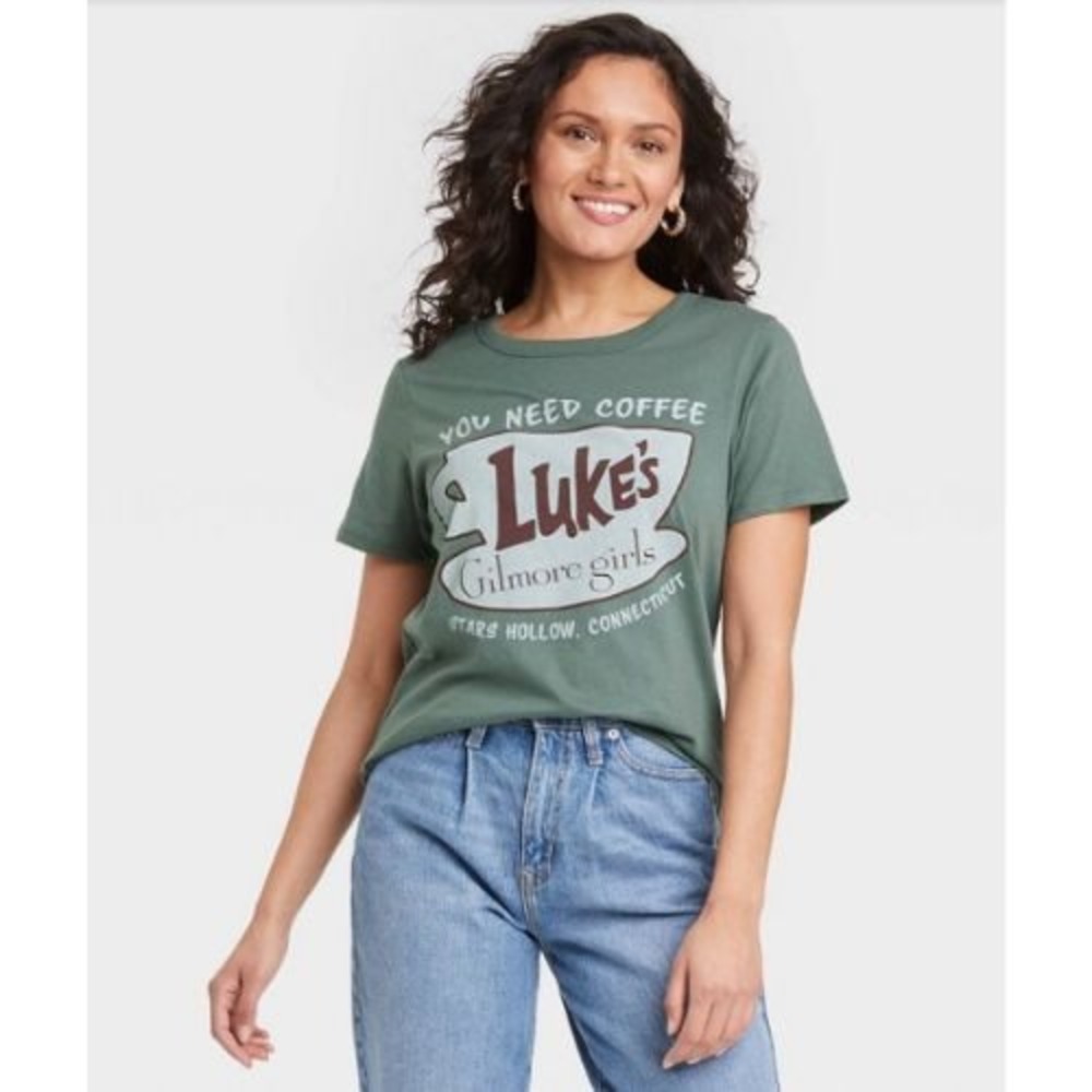Gilmore Girls Luke's Coffee Shop Tee Womens Small Slate Green Y2K Tuscan Mom Top